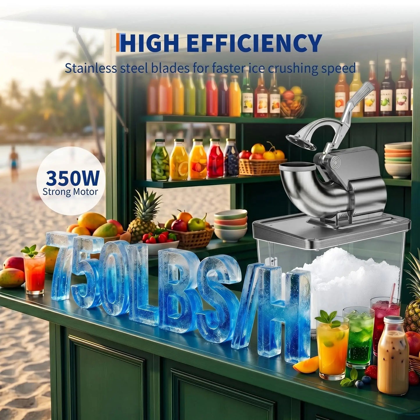 Commercial Ice Crusher Machine with 4 Blades, 2000RPM 750LBS/H Ice Shaver with 2LBS Hopper Capacity, 350W Stainless Steel Snow Cone Machine for Home Use, Bars, Cafes, Parties