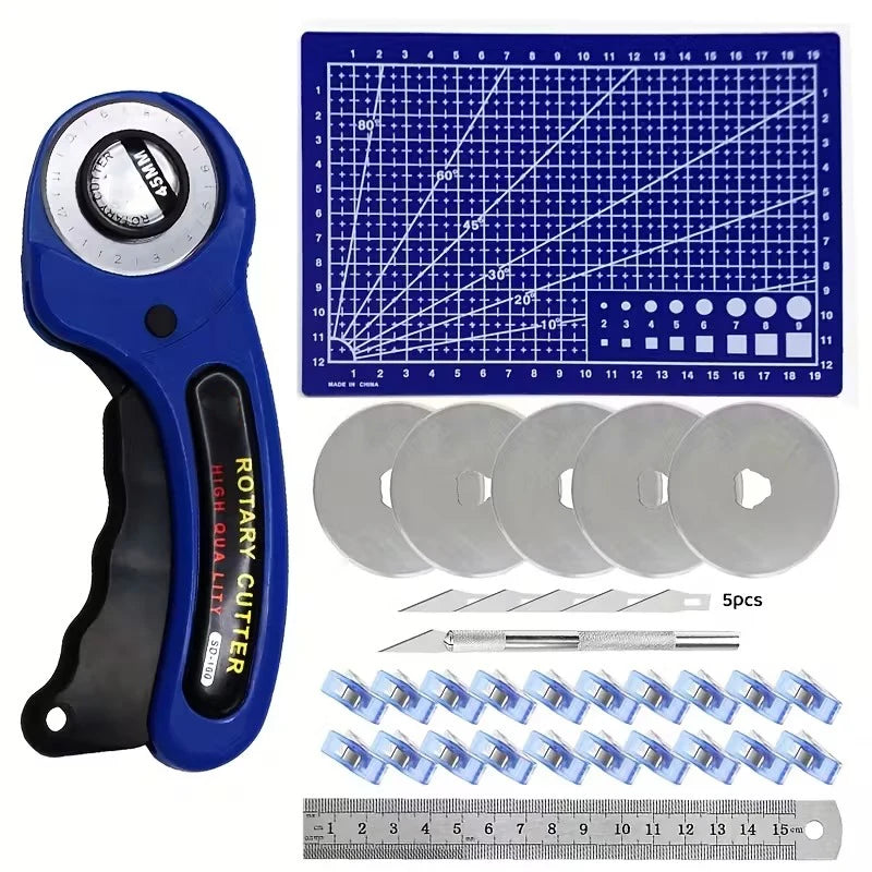 25PCS Rotary Cutter Set Quilting Kit 45mm Fabric Cutter with Blades & A4 Cutting Mat & Craft Knife Set & Sewing Clips for Sewing