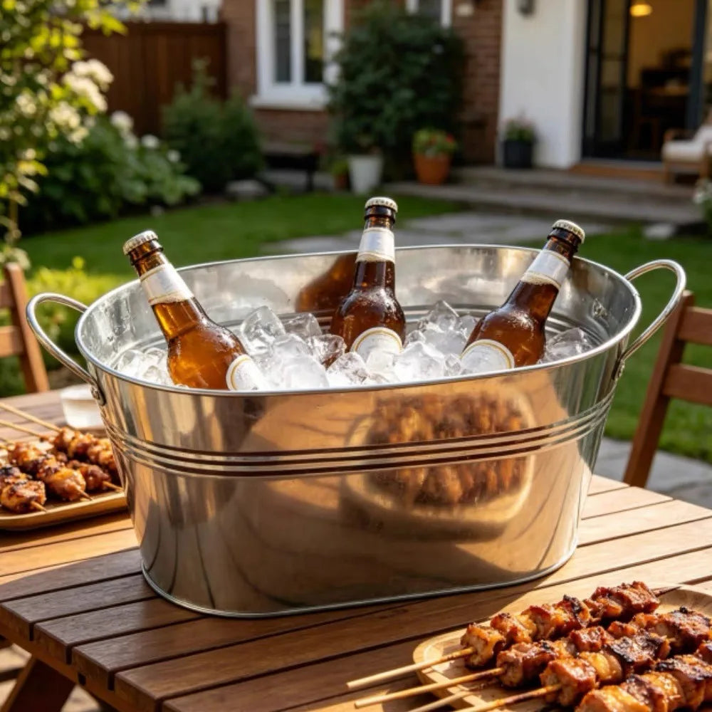 Galvanized Metal Beverage Tub Oval Ice Bucket with Handles Beer Wine Champagne Drink Cooler for Party BBQ Wedding Outdoor