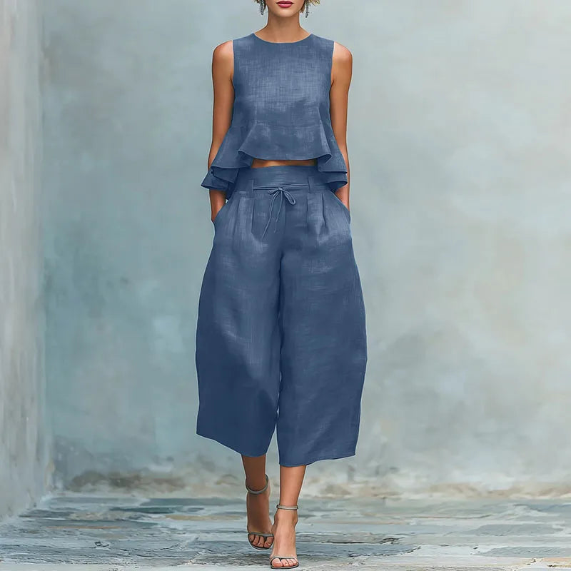 Spring Summer Vacation Outfits Woman 2026 Elegant O Neck Sleeveless Tank Top And Wide Leg Trousers Suit Casual Ruffle Loose Sets