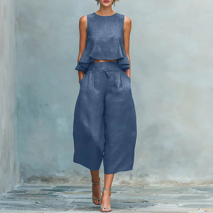 Spring Summer Vacation Outfits Woman 2026 Elegant O Neck Sleeveless Tank Top And Wide Leg Trousers Suit Casual Ruffle Loose Sets