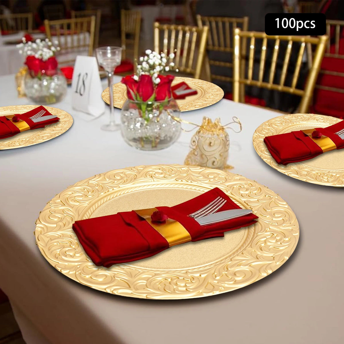 100-Pack Gold Charger Plates – Pp – 13" Embossed Rim – Spray Painted – Stackable – Elegant Wedding Banquet Party Table Decor
