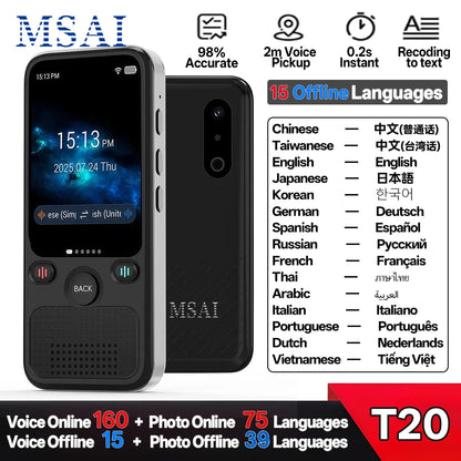 MSAI T20 Portable Translator 15 Offline Languages 98% Accuracy Tow-Way Realtime 160 Online Translation for Travel Business