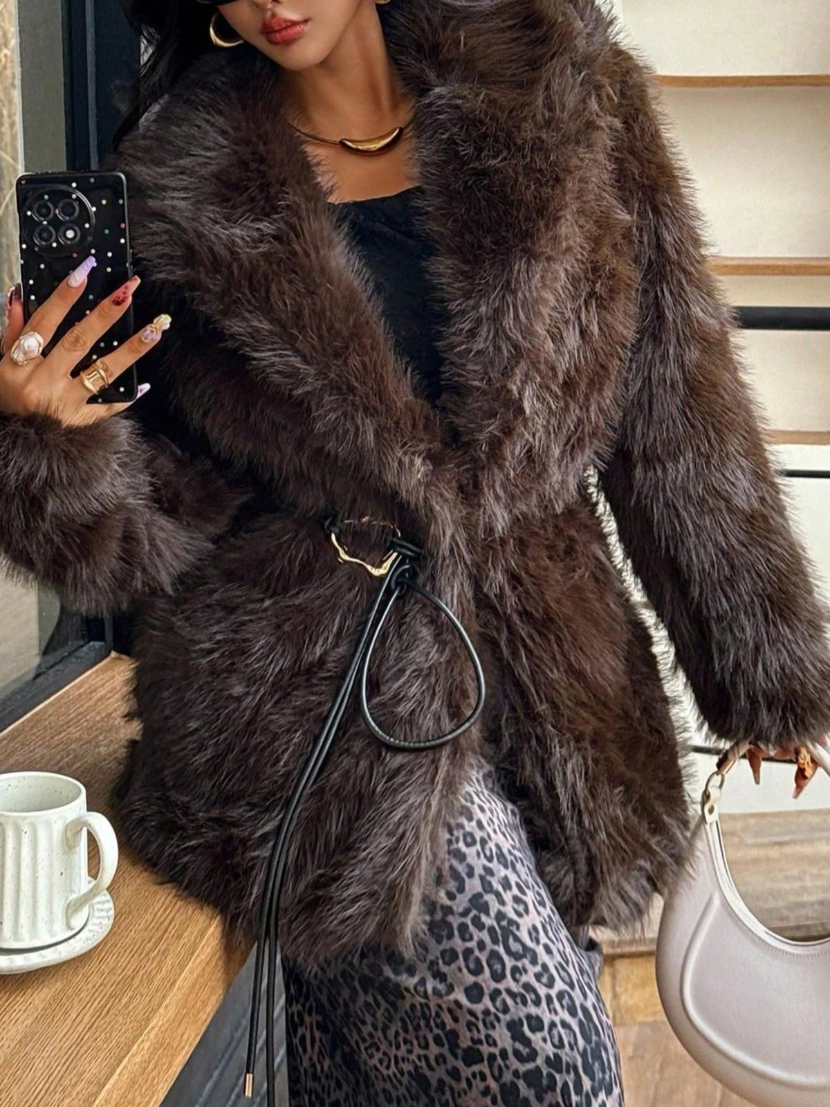 IG Women Large Lapel Belted Waist Faux Fur Mid-Length Coat, Long Sleeve Winter Warm Elegant Fluffy Outerwear