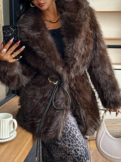 IG Women Large Lapel Belted Waist Faux Fur Mid-Length Coat, Long Sleeve Winter Warm Elegant Fluffy Outerwear