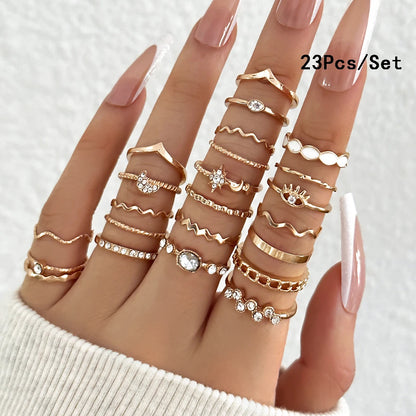 23pcs Fashion Knuckle Rings Set for Women Crystal Star Moon Eye Wave