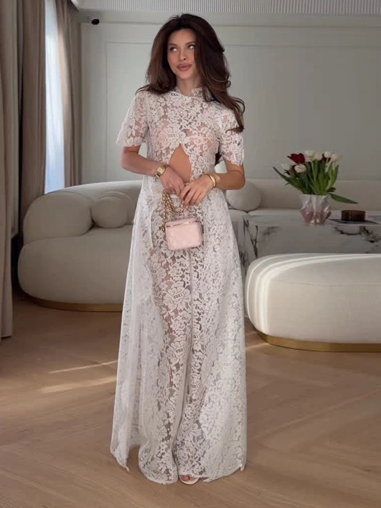 Solid Lace Two Piece Set Round Neck Short Sleeve Cutout Crop Top High Waist Wide Leg Pants 2026 Summer Elegant Party Outfits