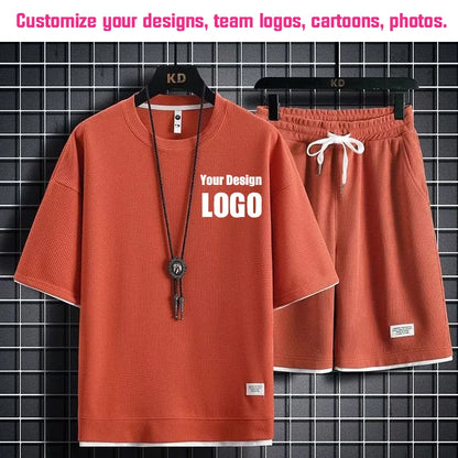 Personalized Custom Print Short Sleeve  T-Shirt Sport Shorts 2 Piece Sets Men's Summer Outfit Breathable and Quick-drying