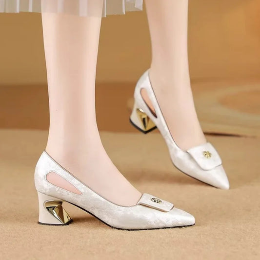 Women's Pumps Pointed Toe Mid Chunky Heels - Elegant Slit Sides & Metal Buckle, Comfortable Concise Dress Shoes for Ladies