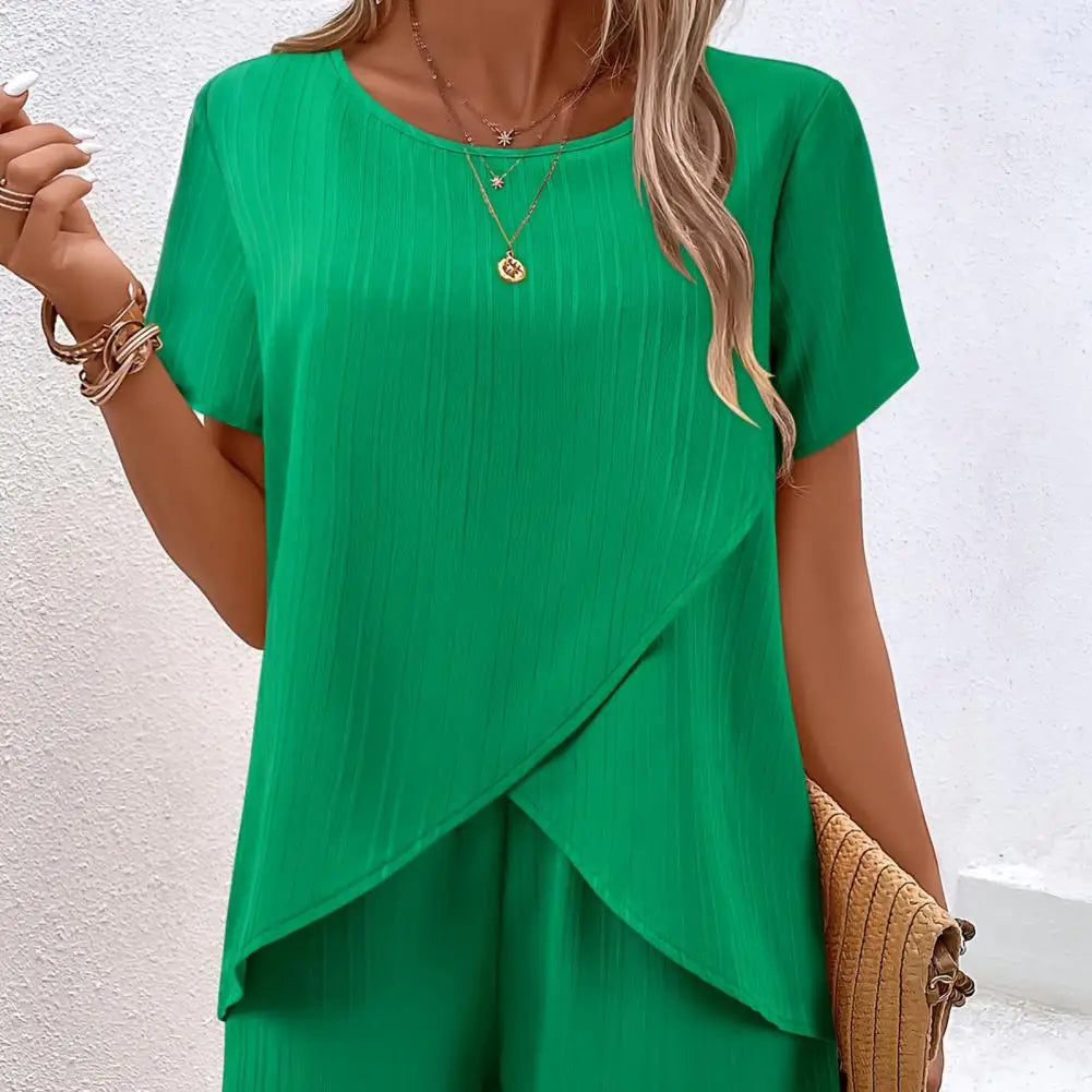 2026 Casual Solid Suit Women Summer Fashion Round Neck Short Sleeve Irregular Split Top Elastic Waist Trousers Two Piece Set