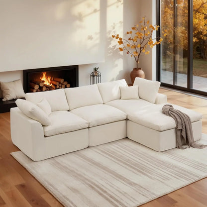 110" Modular Sectional Sofa with Ottoman, Deep Seat Fluffy Chenille L-Shape Couch for Living Room, Beige, Customized