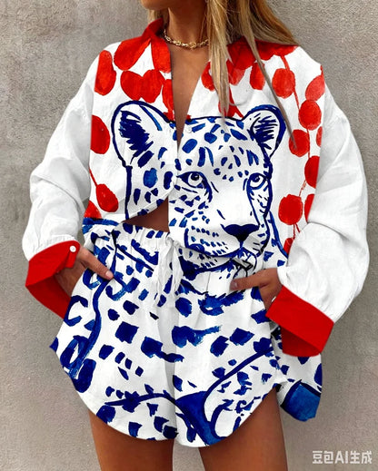 Summer Fashion Print Beach Holiday 2-Piece Set Women Long Sleeve Shirt Top+Wide Legs Short Women Oversized Two-Piece Outfit