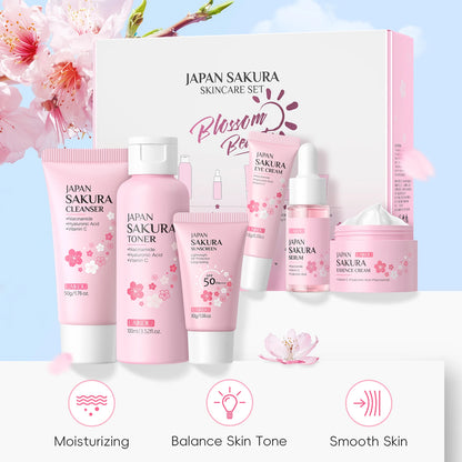 LAIKOU Japan Sakura Full Skincare Set Cleanser Toner Serum Cream Eye Cream Sunscreen Travel Kit Complete Facial Care