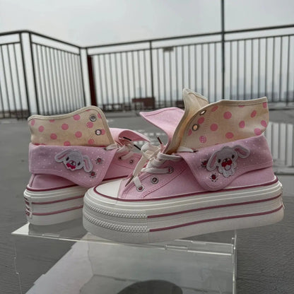 Chic Cartoon Women's Sports Shoes College Cute Platform High-top Summer Canvas Shoes for Girls Design Polka Dot Fold Sneakers