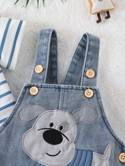 Baby Boy Striped T-Shirt + Cartoon Bear Denim Overalls Set, Cute Summer Casual Outfit for Going Out