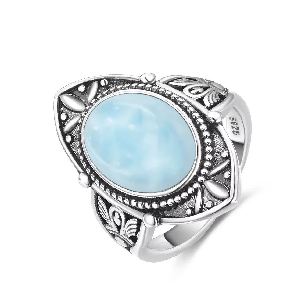 Original Certified 925 Silver Rings Larimar Natural Blue Stone 8*10MM oval shape twist Rings Fine Jewelry Gifts for Women Men