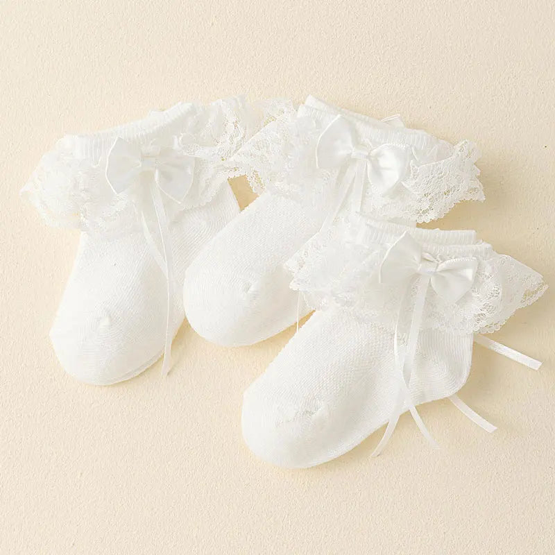 Baby and Toddler Socks, 3 Pairs of Lace and Lace Socks, Girls' Bow Socks, Summer Mesh Breathable Cotton Socks, Sweat-Absorbing