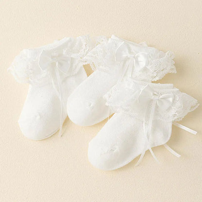 Baby and Toddler Socks, 3 Pairs of Lace and Lace Socks, Girls' Bow Socks, Summer Mesh Breathable Cotton Socks, Sweat-Absorbing