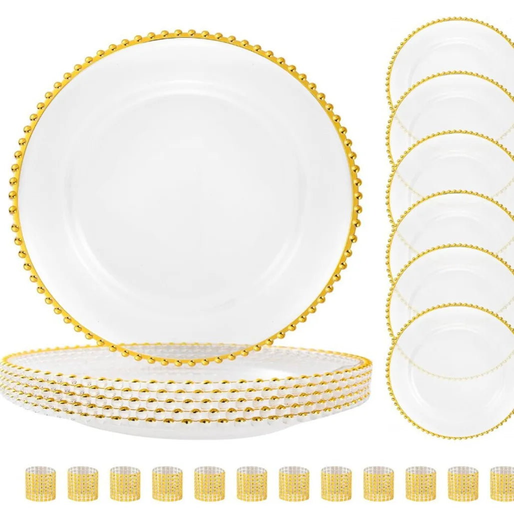 13 Inch Gold Beaded Clear Charger Plates Luxury Set for Wedding Table Dinner Birthday Party Reception Banquet Holiday Home Decor