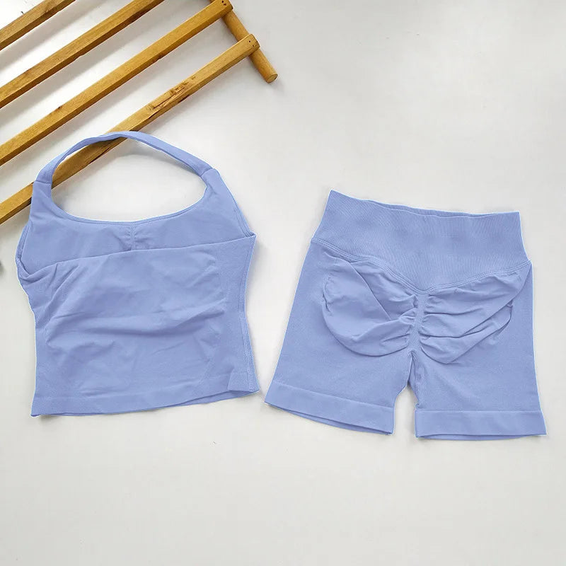 VEQKING Seamless 2pcs Women Yoga Sets Open Back Longline Sports Halter Bras Running Tank Tops Scrunch Butt Gym Workourt Shorts