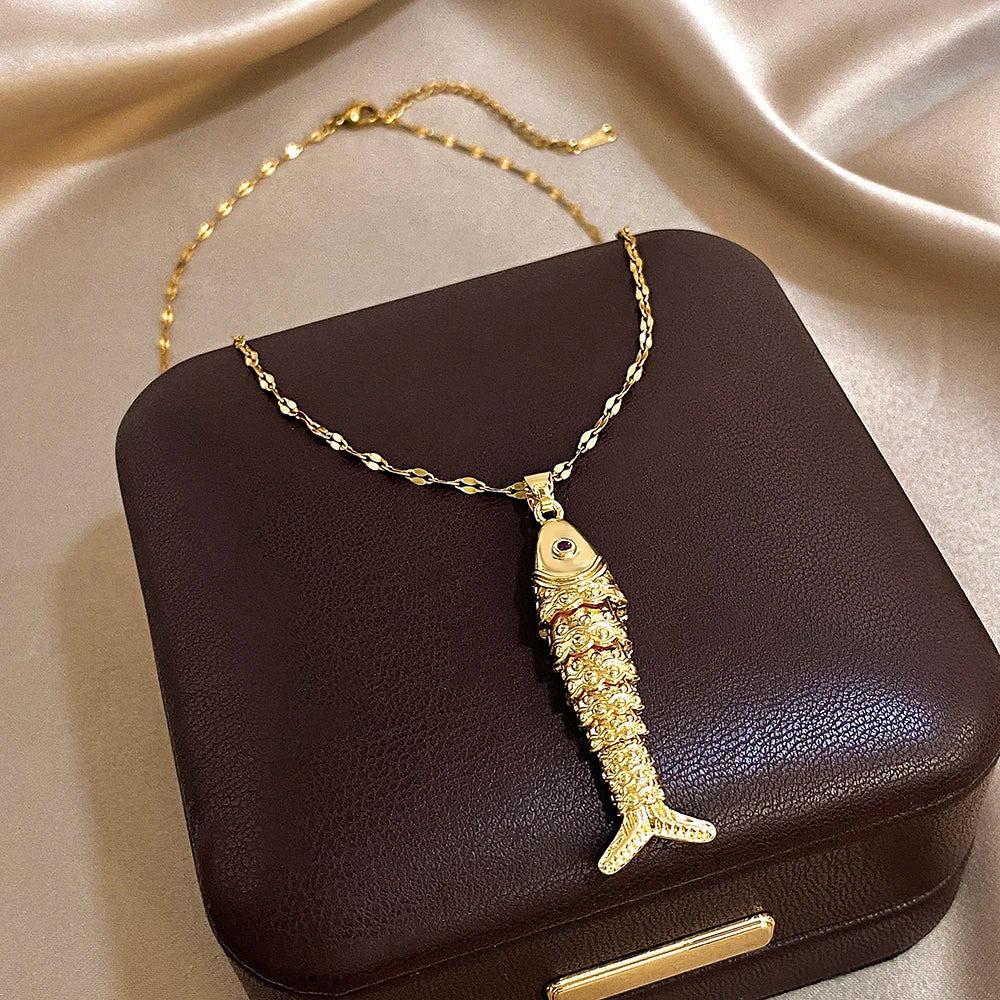 18K Gold Plated Stainless Steel Fish Pendant Necklace for Women