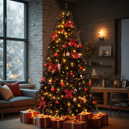 7.5FT Black Pre‑lit Artificial Christmas Tree, Hinged Xmas Tree with 350 Warm White LED Lights Remote Control, 1200 Branch Tips with Tree Skirt & Red Ornaments for Holiday Home Decor