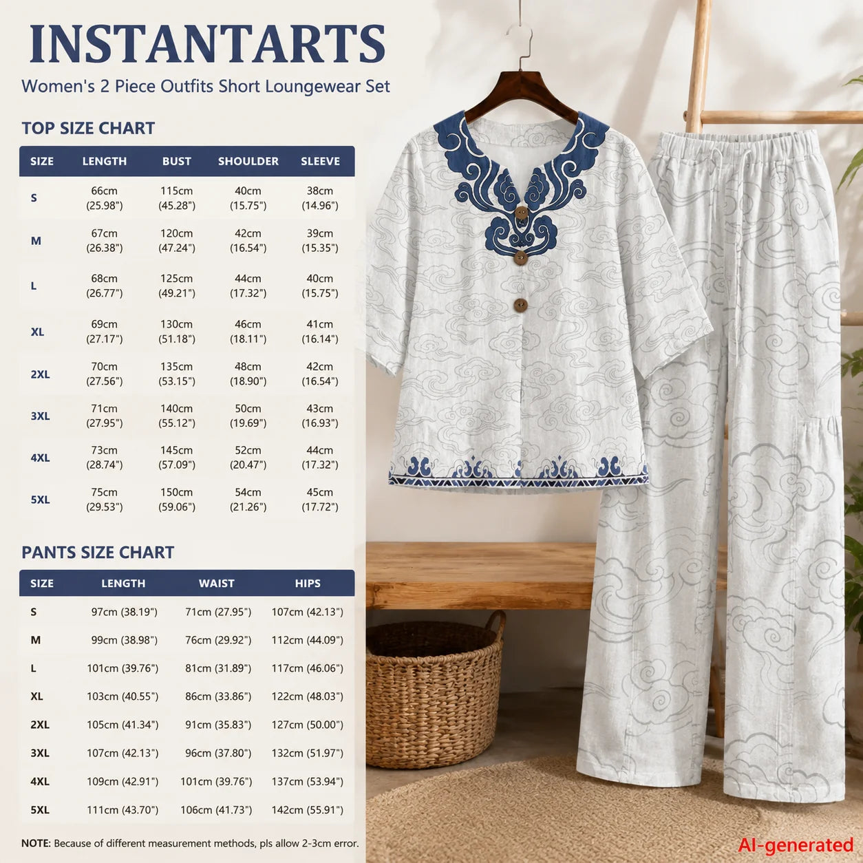 INSTANTARTS Elegant Sets Two Piece Set Linen Shirt Wide-leg Pants Set Wave Set for Woman Linen Pants and Blouse Set S-3XL