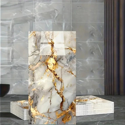10PCS 3D Marble Effect Tile Stickers Waterproof Self Adhesive Wall Panels for Bathroom Kitchen Floor Renovation and Home Decor