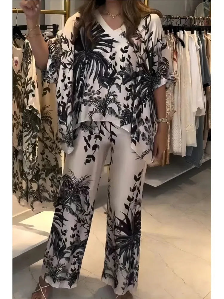 Fashion Short-sleeved V-neck Top + Wide-leg Pants 2-piece Set Women Elegant Spring Loose Irregular Top Floral Print Suit Female