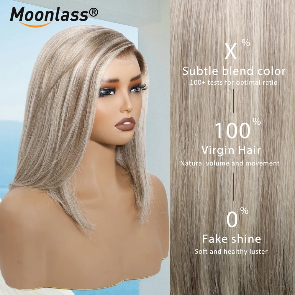 Moonlass Highlight Velvet Grey Gold Short Bob 100% Human Hair Wig 190% Density Salon Hair Color Wig 13x6 Upgrade Nude Lace Wigs