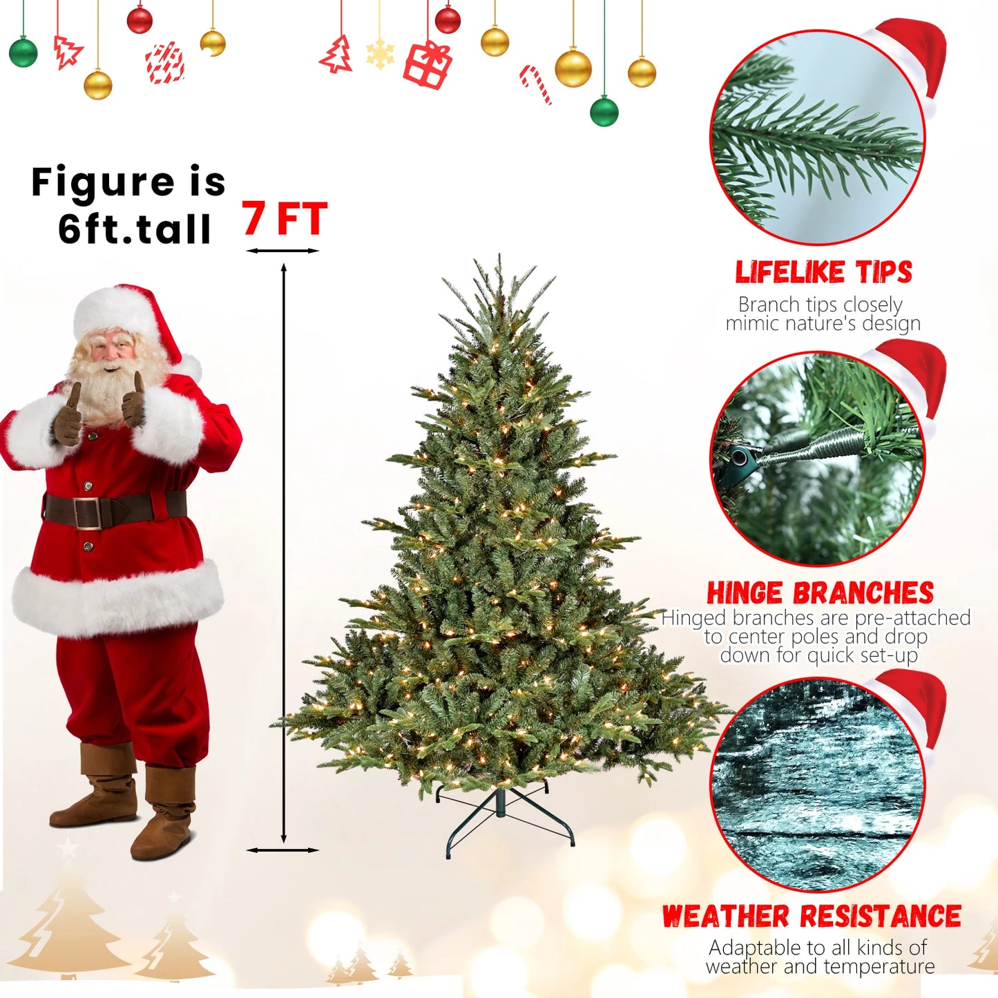 7.5ft Full-Shape Christmas Tree with 850 UL Certified Lights, 2441 PE/PVC Mixed Branch Tips, Hinged Easy Setup Artificial Tree with Wide Base and Metal Stand, Green
