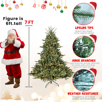 7.5ft Full-Shape Christmas Tree with 850 UL Certified Lights, 2441 PE/PVC Mixed Branch Tips, Hinged Easy Setup Artificial Tree with Wide Base and Metal Stand, Green
