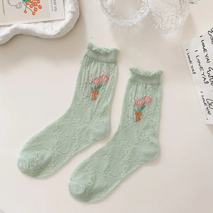 Transparent Crystal Silk Socks Women Fashion Ultra-thin Summer Harajuku Crew Socks Flower Streetwear Elastic Long Mesh Socks