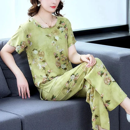 Cotton Silk Suit Summer Women's Sets New Casual Solid Color Short Sleeve Ankle-Length Pants 2 Piece Set Middle Age Mother Outfit
