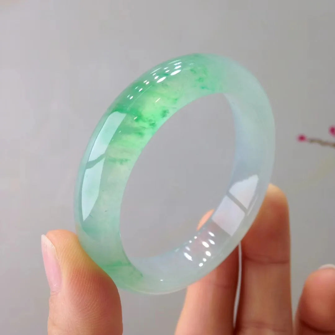 Natural Myanmar A-grade Jade Bracelet for Women's Ice Glutinous Floating Flower Light Green Handle Exquisite Temperament Jewelry