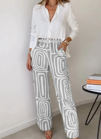 Elegant Office Lady Casual Suit Fashion Solid Long Sleeve Lapel Shirt Elastic Waist Print Trousers Two Piece Set 2024 Autumn New
