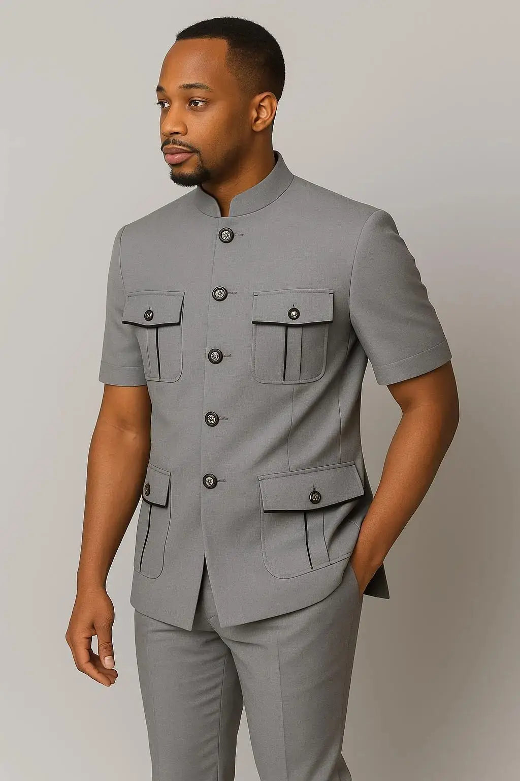 Safari Men Suits with Short Sleeves for Prom Party 2 Pieces Chinese Fashion Style Outdoors Costumes Suit Set Custom Made