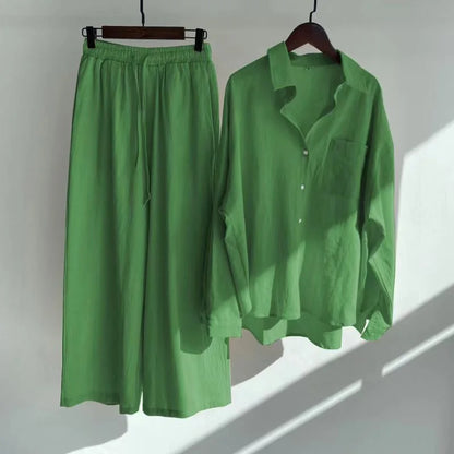 Cotton And Linen Solid Color Pant Sets Women Single-breasted Shirts And Drawstring Loose Wide Legs Trousers Two Piece Set Casual