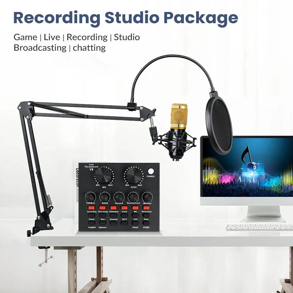 Podcast Microphone Equipment Bundle BM-800 Condenser Microphone (with Voice Changer and V8 Sound Card) Professional Recording Studio Kit for Laptops, Streaming, Podcasting, Singing, Voice-overs, Vocals, Home Studios