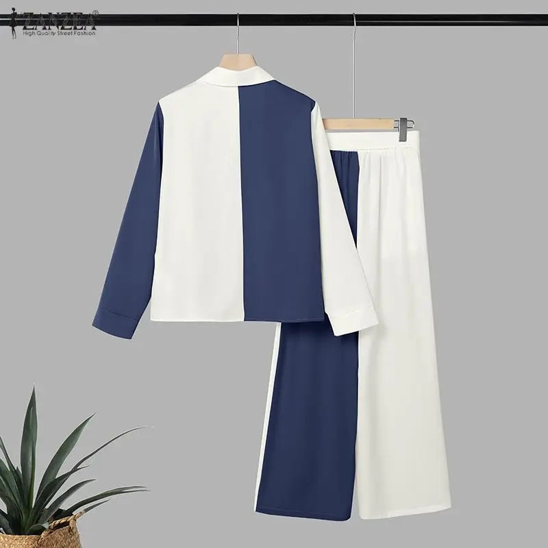 Fashion Women Matching Sets ZANZEA Autumn Long Sleeve Shirt Belted Wide Leg Pant Sets 2 Piece Chic Color-Blocking Office Outfits