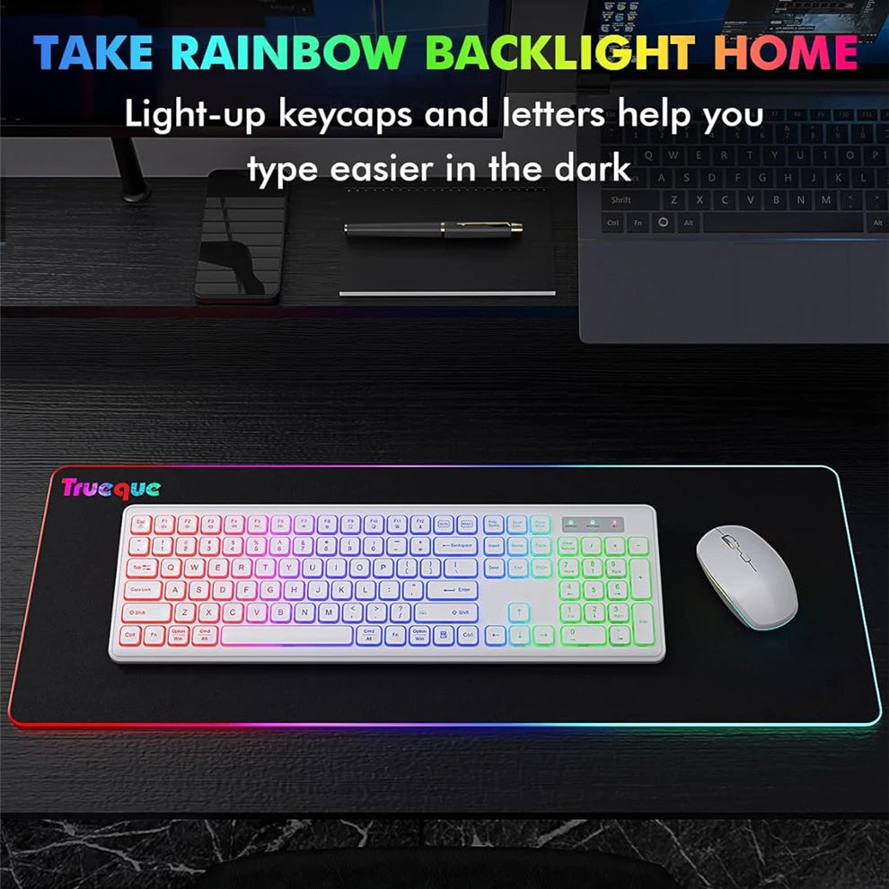 USB Wireless Keyboard and Mouse Set RGB Backlit Rechargeable Light Up Letters Full-Size Wireless Keyboard for Computer