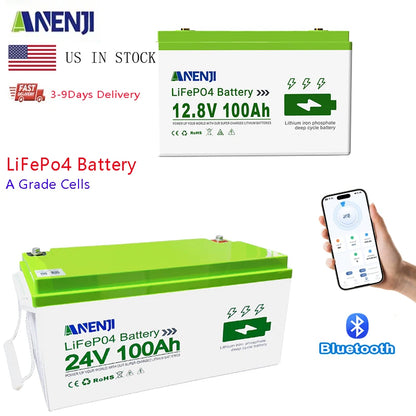 ANENJI LiFePo4 Battery 24V 100AH 25.6V 12V 100AH 1.256KWH 2.56KWH Grade A Cells Lithium Iron Phosphate Battery BMS 6000+ Cycle for Golf Cart