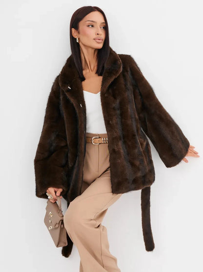 2026 Autumn Winter Women Faux Mink Fur Coat Lapel Collar Belted Long Jacket Luxury Fluffy Outerwear Brown
