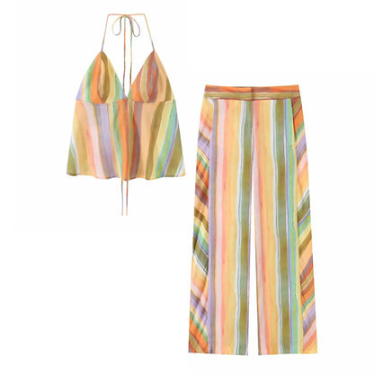 HH Fashion 2026 Women's Colorful Striped Two-Piece Set Summer Halter Neck Crop Top+Wide Leg Pants Resort Beach Outfit