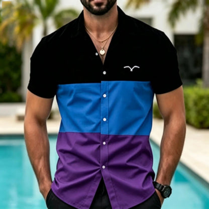 Men's short sleeved shirt with contrasting color splicing, geometric color block printed collar shirt, European and American str