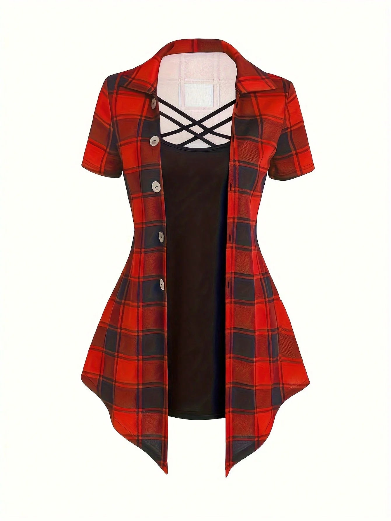 Plus Size Plaid Print Two-piece Set, Cross Cut Out Short Sleeve Top & Capris Pants Outfits, Women's Plus Size Clothing