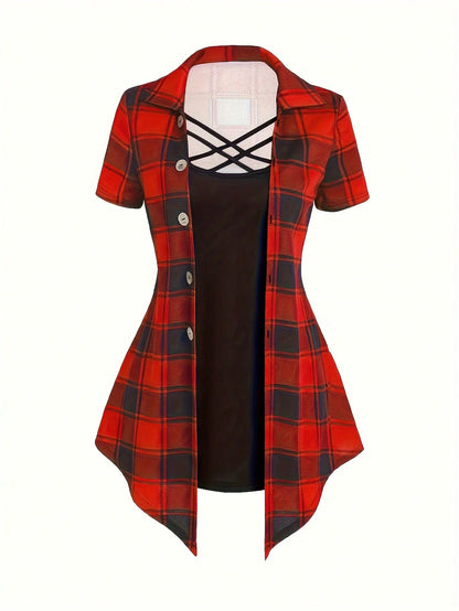 Plus Size Plaid Print Two-piece Set, Cross Cut Out Short Sleeve Top & Capris Pants Outfits, Women's Plus Size Clothing