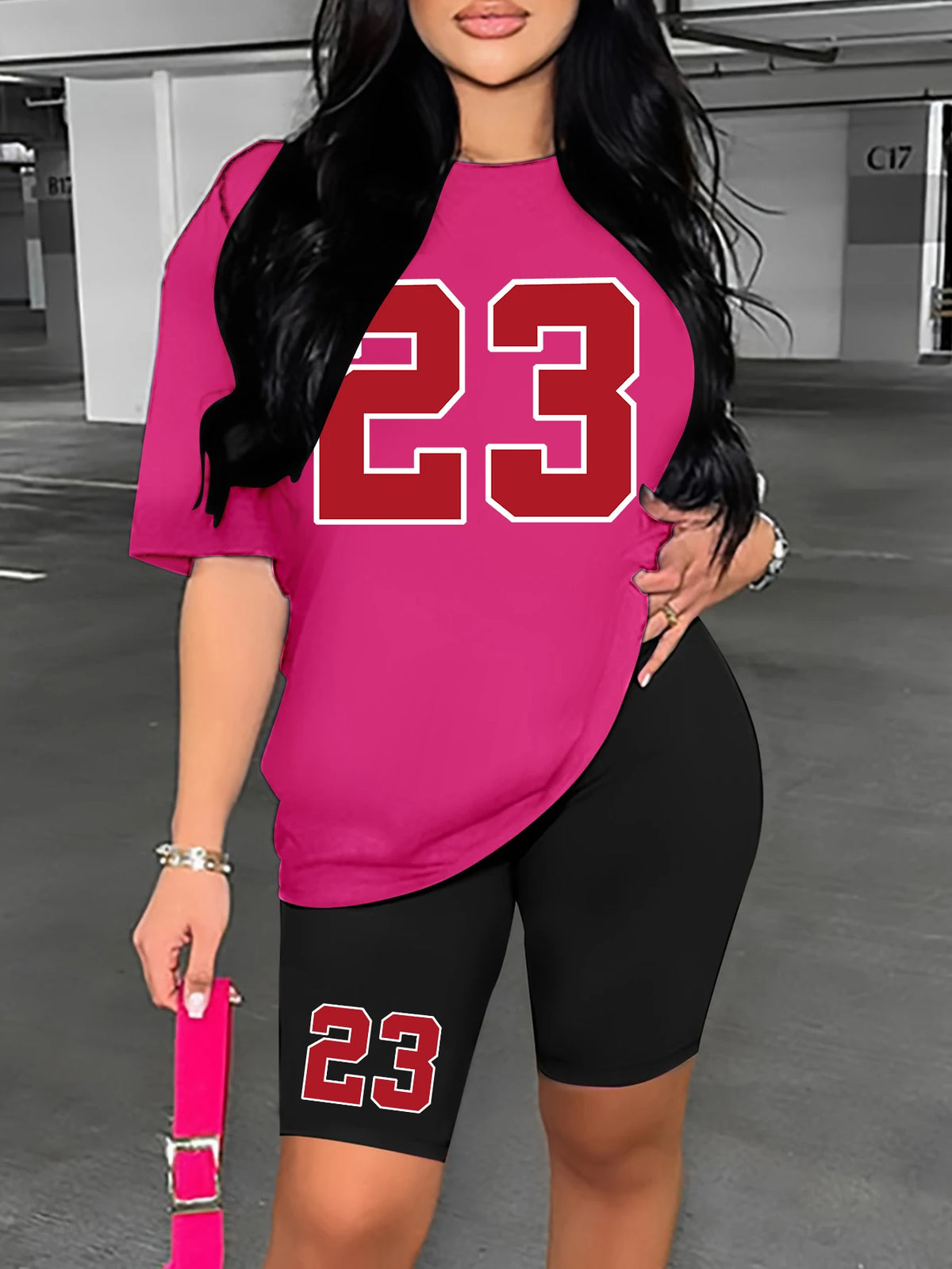 Women's Summer Set Number 23 Print Casual Shorts Set Sports Women's Shirt Shorts 2 Piece Street Wear Set Womens Summer Clothes