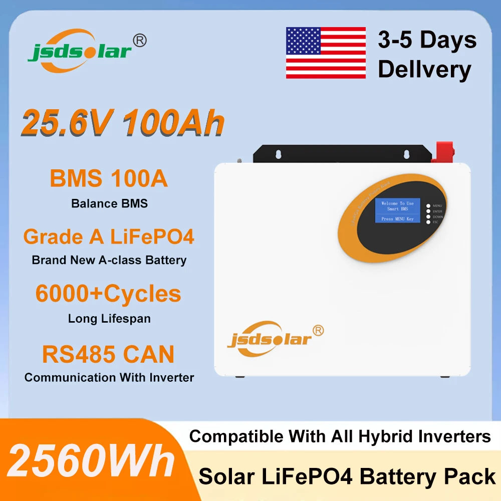 Jsdsolar 25.6V 100Ah LiFePO4 Battery 100A BMS 2560Wh Solar Lithium Iron Phosphate Battery 6000+ Cycles CAN RS485  For Solar Power System
