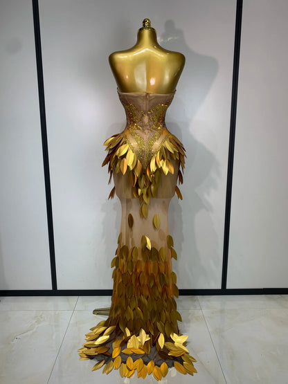 Women Sexy Strapless Mesh Maxi Long Dress Sparkly Gold Rhinestone Sequin Evening Party Gown Luxury Nightclub Birthday Prom Dress